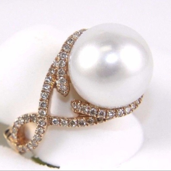 Pearl Solitaire Ring w/Diamond Accents 14k RG 13mm
